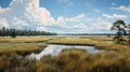 Marsh created with Generative AI. Marshland with lots of water, grass and a few trees. Royalty Free Stock Photo