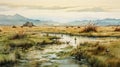 Marsh Of Iran Watercolor Painting: Naturalistic Bird Portraits And Expansive Landscapes