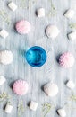 marsh-mallow and tea for woman breakfast concept on wooden background top view Royalty Free Stock Photo