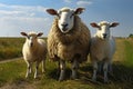 Marsh pasture hosts Suffolk sheep, a mother with two adorable lambs.