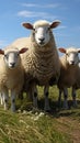 Marsh pasture hosts Suffolk sheep, a mother with two adorable lambs.