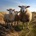 Marsh pasture hosts Suffolk sheep, a mother with two adorable lambs.