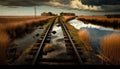 Marsh Railroad Tracks Which Navigate Through Swamps And Marshes. Generative AI