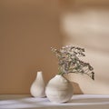 Marsh-rosemary in a white ceramic vase against a beige wall Royalty Free Stock Photo