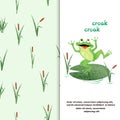 Marsh vector set. Cartoon Frog on lily pad and reeds pattern Royalty Free Stock Photo