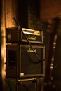 Marshall 100W half stack tube amp head with cabinet, guitar amp on the stage. Royalty Free Stock Photo