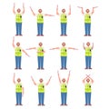 Marshaller signals. Aircraft marshalling hand signal for safety landing airplane or helicopter, man signaler on runway