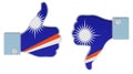 Marshallese flag painted on the hand with thumb up and thumb down. Like and dislike in Marshall Islands, concept. 3D rendering