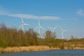 Marshland landscape with windmills behind