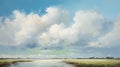 Marshland Oil Painting: Clouds Over Water In Noah Bradley Style