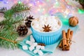 Marshmallow in a bowl and stick of cinnamon Royalty Free Stock Photo