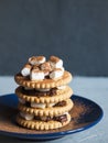 Marshmallow brownies with chocolate on the cookies in layers on textured grey concrete background. Copy space.