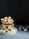 Marshmallow brownies with chocolate on the cookies in layers on textured grey concrete background. Copy space.