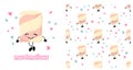 Marshmallow character. Cute cartoon marshmallows. Vector illustration . Seamless pattern