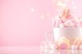 Marshmallow. Close-up of Marshmallows colorful chewy candy, over pink bokeh background, closeup. Sweet holiday food dessert Royalty Free Stock Photo