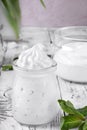 Marshmallow creme in glass jars Royalty Free Stock Photo