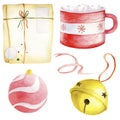marshmallow cup, Christmas package, bell, Christmas tree toy, ball, ribbon