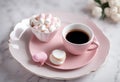 marshmallow Day cup concept Meringue pink coffee Mothers plate Valentine\'s Zephyr Homemade table white Russian Background Food