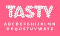 Marshmallow letters, sweet, tasty and cute font, white letters of dots on pink color background, vector typography for