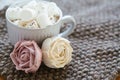 Marshmallow looks like rose close-up. cup with small marshmallows sprinkled with grated chocolate on cotton knitted napkin Royalty Free Stock Photo