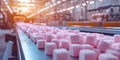 Marshmallow production line with soft sweets on a conveyor Royalty Free Stock Photo