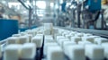 Marshmallow production line with soft sweets on a conveyor Royalty Free Stock Photo