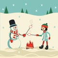Marshmallow roast on winter campfire vector poster
