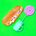 Marshmallow sandwich and lolli pop candy. Minimalist fashion food art