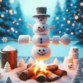 A marshmallow snowman is standing over a campfire, with other marshmallows shaped like a snowman and a penguin.