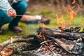 Marshmallow on a stick being roasted over a camping fire Royalty Free Stock Photo