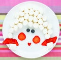 Marshmallow with strawberry american sweets for children. Picture on plate