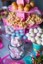 Marshmallow, sweet colored meringues, popcorn, Royalty Free Stock Photo