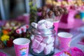 Marshmallow, sweet colored meringues, popcorn, Royalty Free Stock Photo