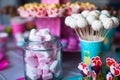 Marshmallow, sweet colored meringues, popcorn, Royalty Free Stock Photo