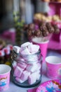Marshmallow, sweet colored meringues, popcorn Royalty Free Stock Photo