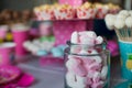 Marshmallow, sweet colored meringues, popcorn Royalty Free Stock Photo