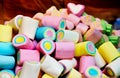 marshmallow type color soft candy. blue, green, pink and yellow pastel colors. indulgence concept