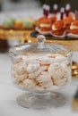 Marshmallows. Candy bar. Table with sweets, candies, and dessert. Close up. Wedding event Royalty Free Stock Photo