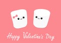 Marshmallows with eyes and smiles. Funny face. Happy Valentines Day. Cute cartoon character. Love sign symbol. Minimal flat lay de Royalty Free Stock Photo