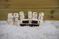 Christmas food photography of traditional cake and marshmallows shaped as snowman with icing used for the smiles Royalty Free Stock Photo