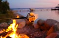 Marshmallow on fire during summer front lake Royalty Free Stock Photo