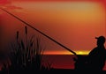 Marshy landscape fisherman fishing at sunset-