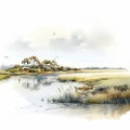 Marshy Landscape: Photorealistic Watercolour Painting Of Estuary