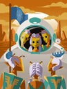 Earthling astronaut meeting martians with golden masks Royalty Free Stock Photo