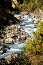 Marsyangdi river valley. Himalayas, Annapurna Conservation Area. Mountain river in Nepal Royalty Free Stock Photo