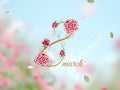 8 mart womens day greetings card gold text 8 marts floral spring flowers on blue background,pink blue sky pink green flowers and l Royalty Free Stock Photo