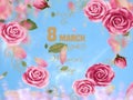 8 mart womens day greetings card gold text 8 marts floral spring flowers on blue background,pink blue sky pink green flowers and l Royalty Free Stock Photo