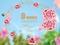 8 mart womens day greetings card gold text 8 marts floral spring flowers on blue background,pink blue sky pink green flowers and l Royalty Free Stock Photo