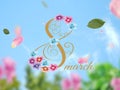 8 mart womens day greetings card gold text 8 marts floral spring flowers on blue background,pink blue sky pink green flowers and l Royalty Free Stock Photo