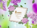 8 mart womens day greetings card gold text 8 marts floral spring flowers on blue background,pink blue sky pink green flowers and l Royalty Free Stock Photo